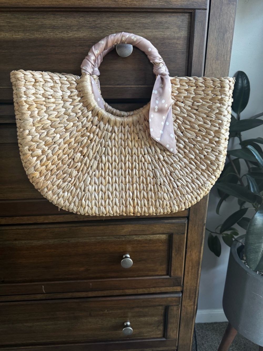 Woven Straw Half-Moon Tote with Blush Scarf Handle